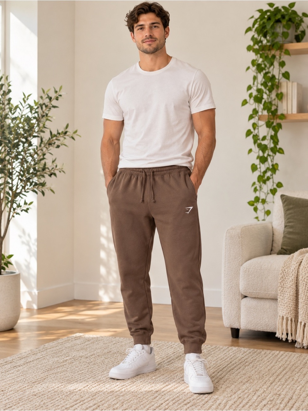 Gymshark Brown Taupe Jogger Sweatpants Size Medium Embroidered Logo